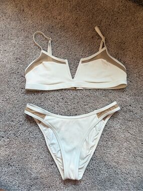 l*space White Bikini Set with Beige Mesh Accents